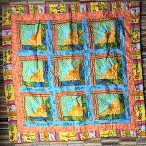 Handmade Patchwork Quilt in Yellow, Blue, Orange and Greens
